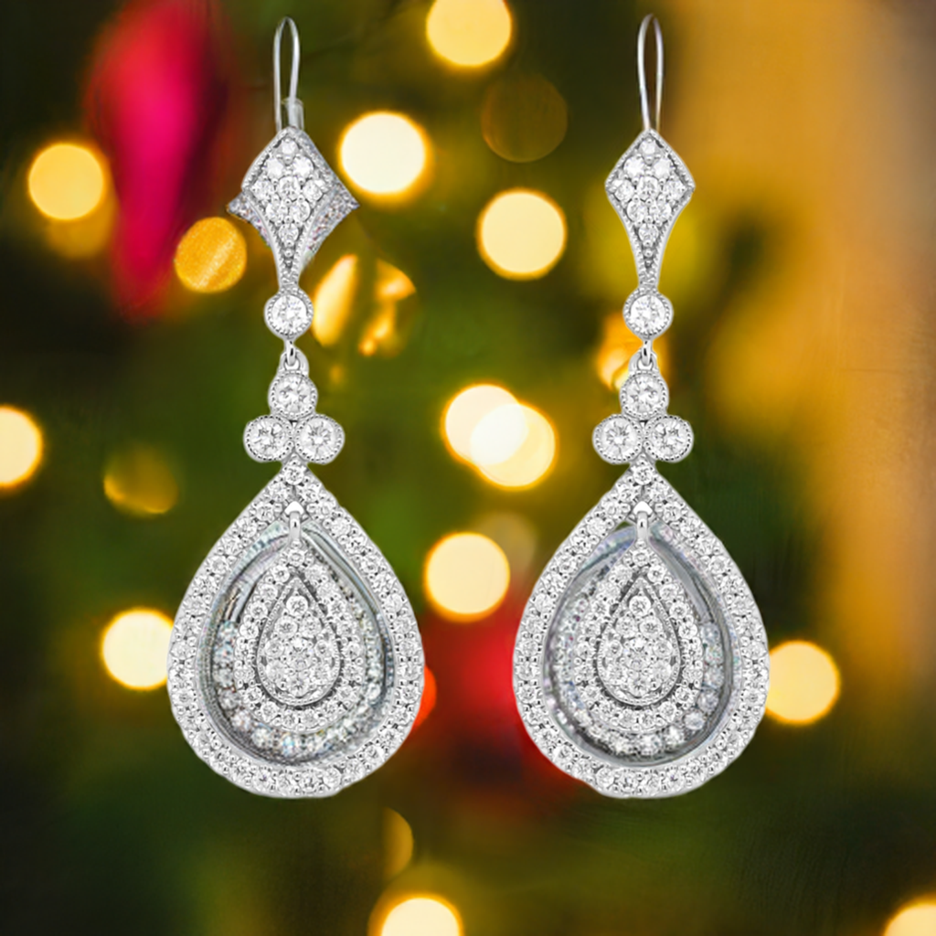 18K White Gold 1 1/4 Cttw Round Diamond Openwork Teardrop-Shaped Dangle Earrings (F-G Color, VS1-VS2 Clarity)